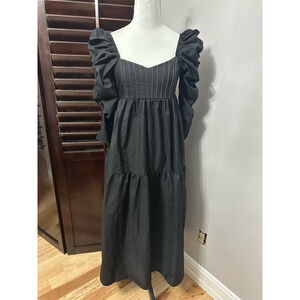 Topshop Womens Fit & Flare Dress Black Smocked Maxi Puff Sleeve Goth Party 2 New